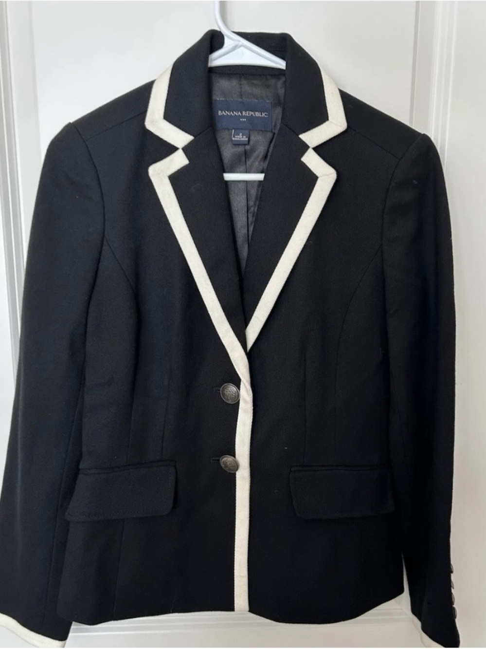 Women Banana Republic Bk w Wt trim Schoolboy Blazer Jacket Coat Sz 2 Wool blend
